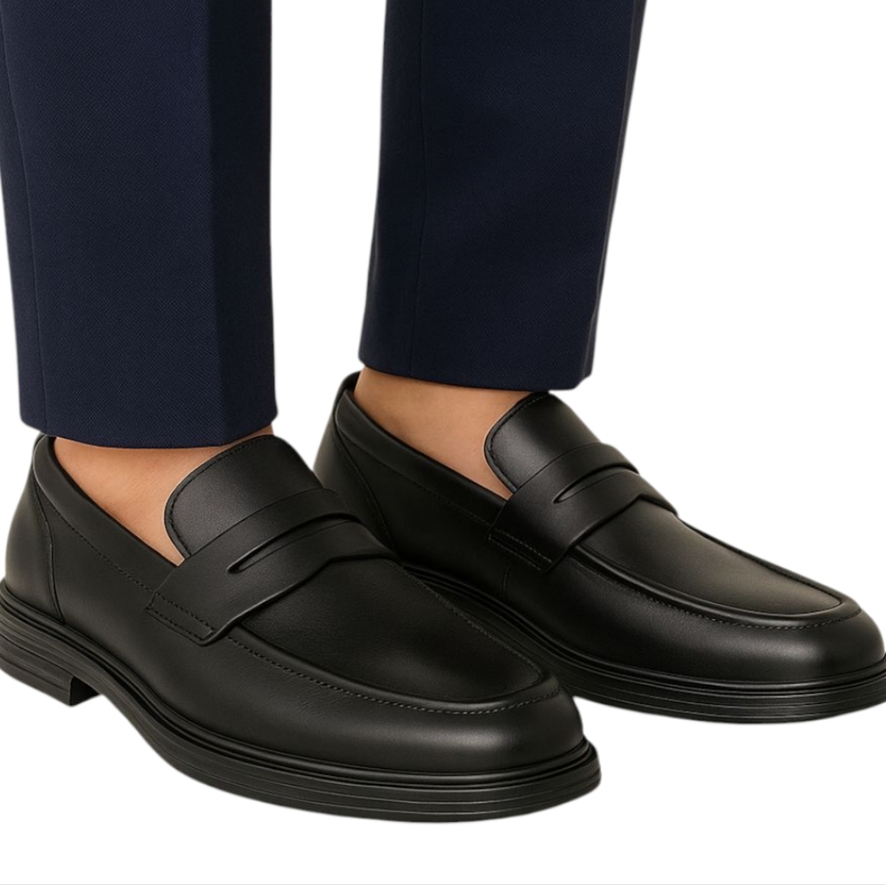 NWOT Hush Puppies Men’s Black Leather Penny Loafers Size 8 EW Bounce Tech